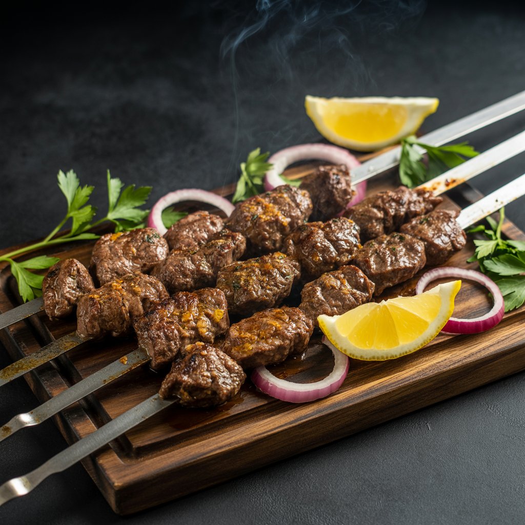 Pakistani Beef Bihari Boti grilled on metal skewers with a smoky char.