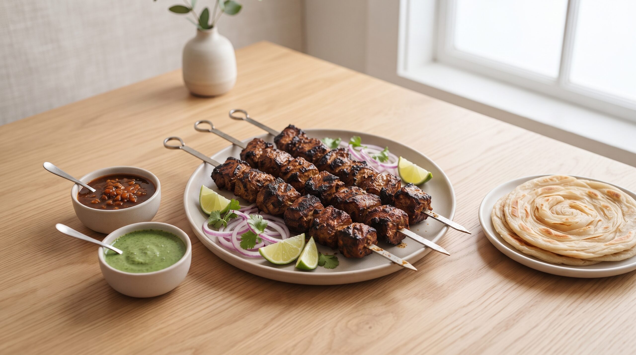 Pakistani Beef Bihari Boti served with imli chutney, mint chutney and warm parathas.